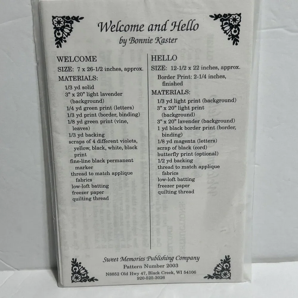 Welcome & Hello Wall Quilt Sweet Memories Publishing NEW Vintage Sewing Pattern